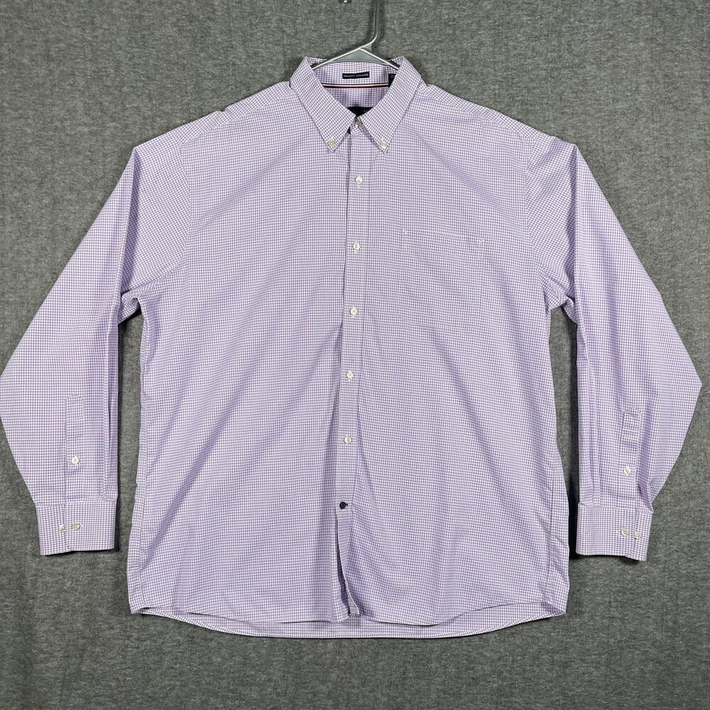 Tommy Hilfiger Shirt Mens 2XL Purple Gingham Dress Button Down Wrinkle Free
